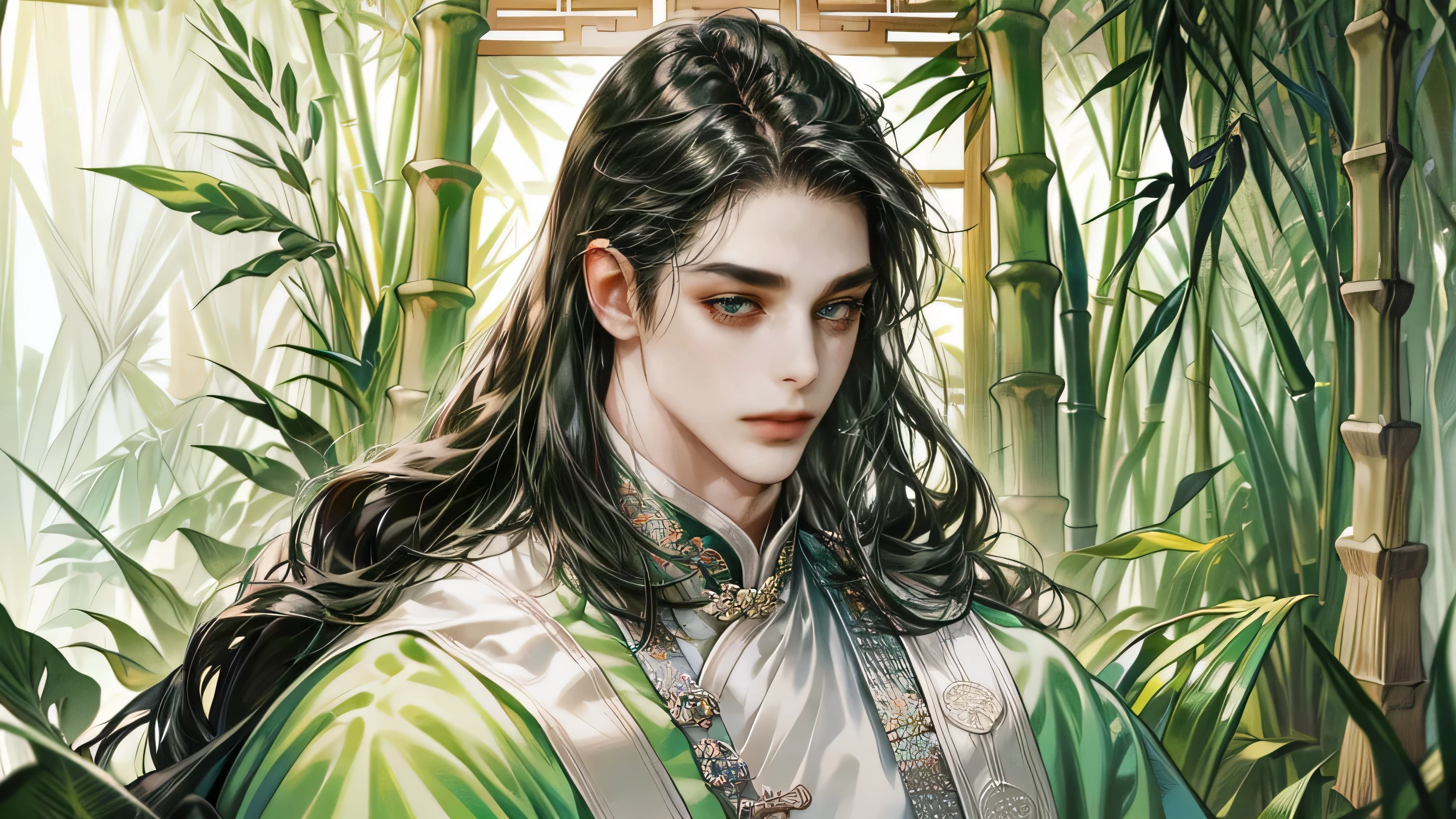  beautiful youth, a bright smile,All green clothing,(absurdres, highres, ultra detailed, HDR), masterpiece, best quality, (1 boy) , boy character ,((Thick ,black, long hair)),beautiful face,detailed interior, detailed character,((man)),(male in bamboo forest), black hair,he smile,1man,the house of ancient China, beautiful man with long black hair and black eyes,((solo man)),long hair,((he has a Big eyes, charming lips, slim nose and small face)),he has a slander shape,(thin body),position,ponytied it with accessories,(Men with small, narrow shoulders),ponytied it with accessories,(one boy),eyes fogus