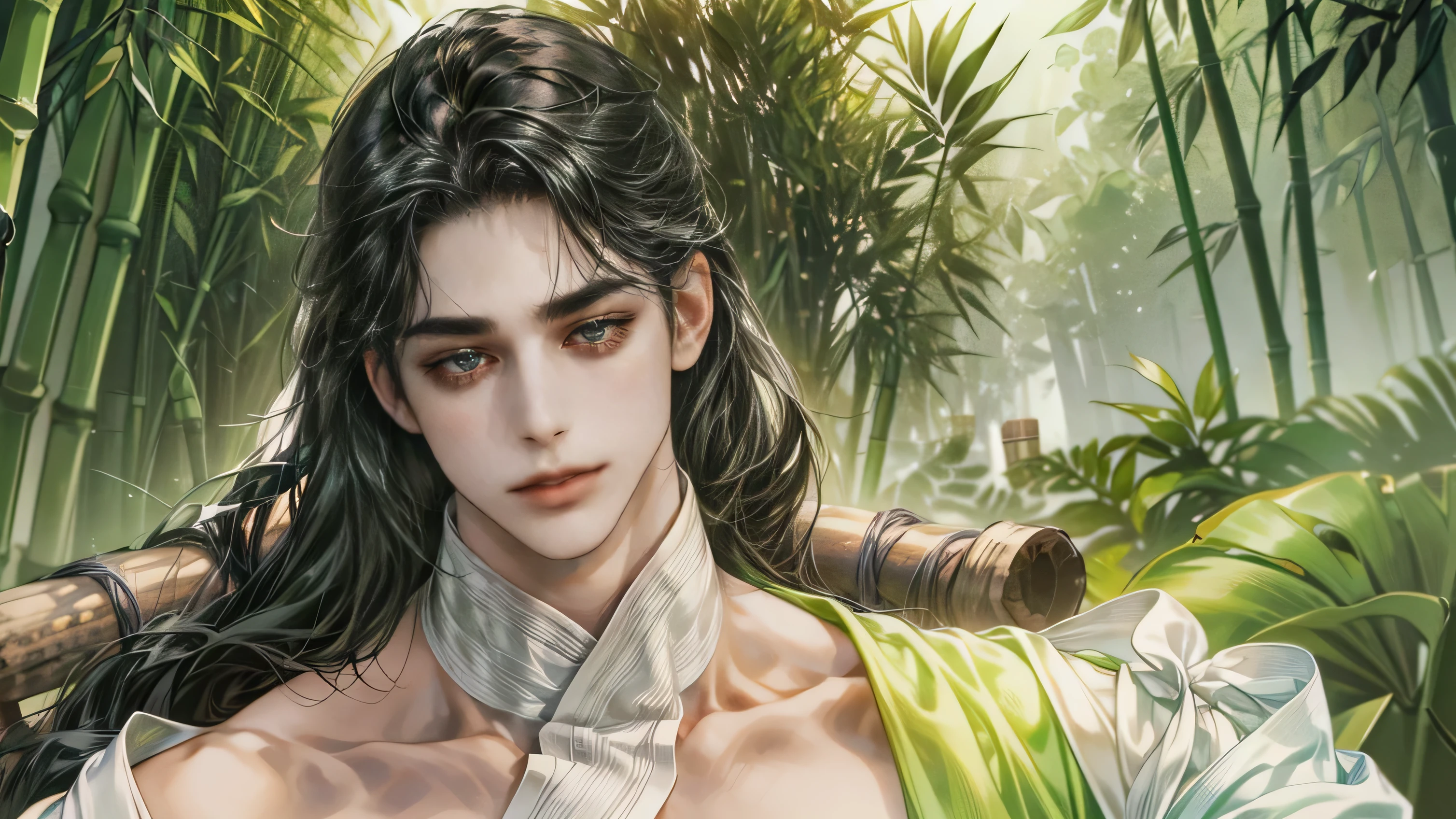 beautiful youth, a bright smile,All green clothing,(absurdres, highres, ultra detailed, HDR), masterpiece, best quality, (1 boy) , boy character ,((Thick ,black, long hair)),beautiful face,detailed interior, detailed character,((man)),(male in bamboo forest), black hair,he smile,1man,the house of ancient China, beautiful man with long black hair and black eyes,((solo man)),long hair,((he has a Big eyes, charming lips, slim nose and small face)),he has a slander shape,(thin body),position,ponytied it with accessories,(Men with small, narrow shoulders),ponytied it with accessories,(one boy),eyes fogus