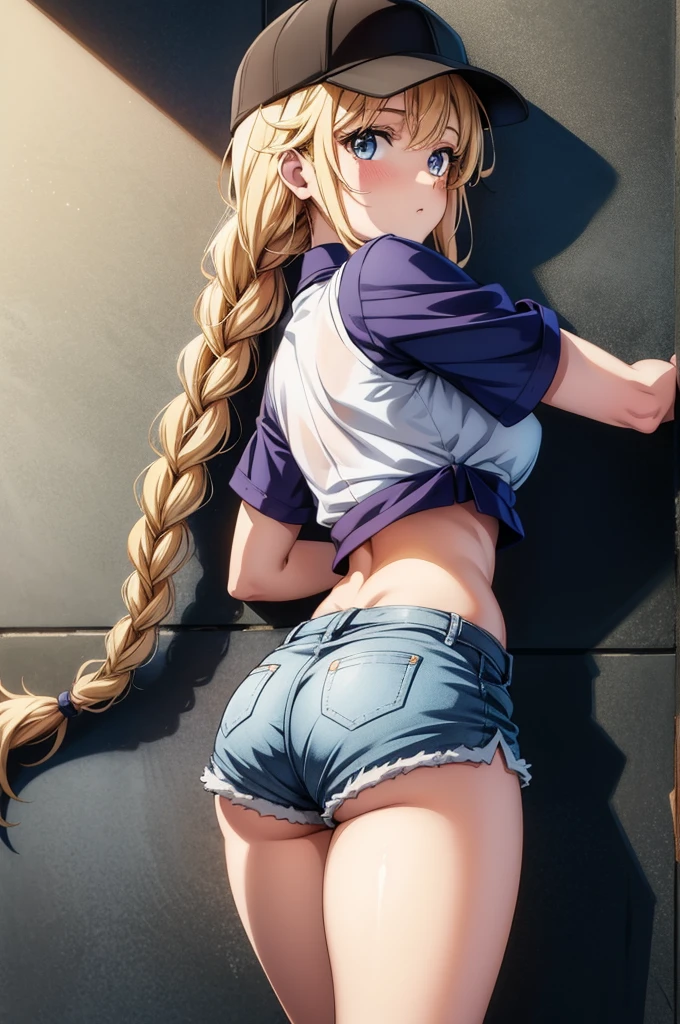 an anime character with very long hair is leaning against the wall with an open shirt showing bare braless breasts, 1girl, hat, braid, shorts, blonde hair, solo, long hair, blue eyes, baseball cap, ass, breasts, looking at viewer, shirt, short sleeves, crop top, crop top overhang, white shirt, looking back, thighs, short shorts, large breasts, blush