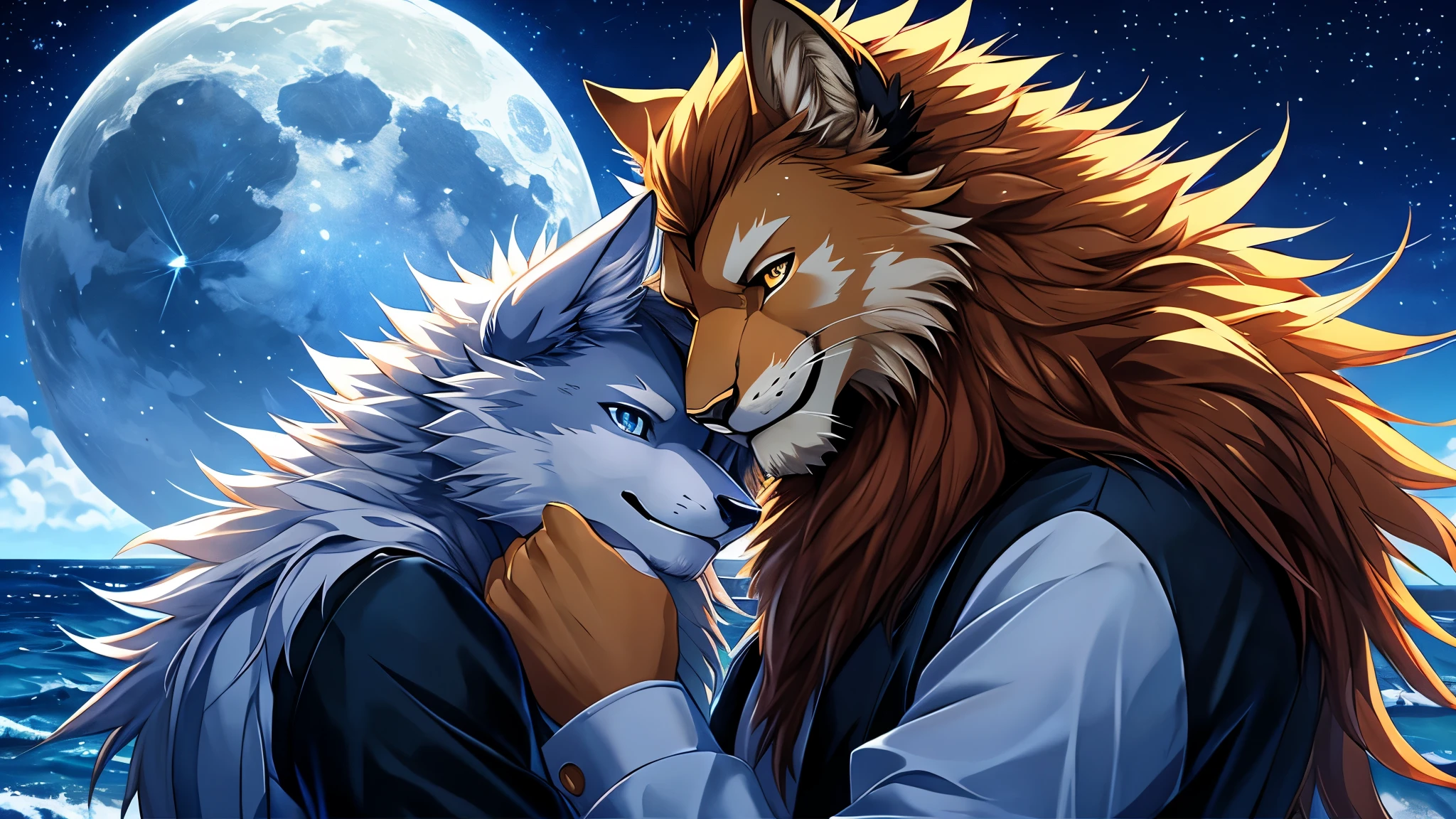 furry, male, anthro, (Realistic eye details:1.2), (beautiful detailed eyes), anime character there is a Two male are having romantic by the sea, The first Lion,completely orange fur, Hair coiled, (Realistic eye detail),Wear a white suit to look neat.,A Wolf with white fur all over., Hair coiled, (Realistic eye detail),Wearing a completely black suit,Both smile and happily.,Send loving to each other,The moonlight is beautiful at night.,perfect ???????,realistic ???????, full body like, slim body, good looking, anime style, 8k, 4k anime wallpaper, anime art wallpaper 8 k, 2 d art, 2d art, anime art wallpaper 4k, detail art
