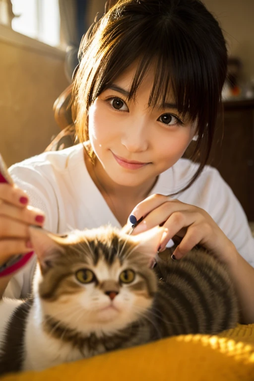 A super beautiful Japanese woman playing with a kitten