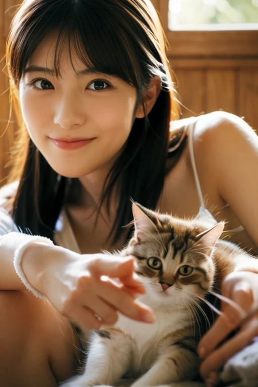 A super beautiful Japanese woman playing with a kitten