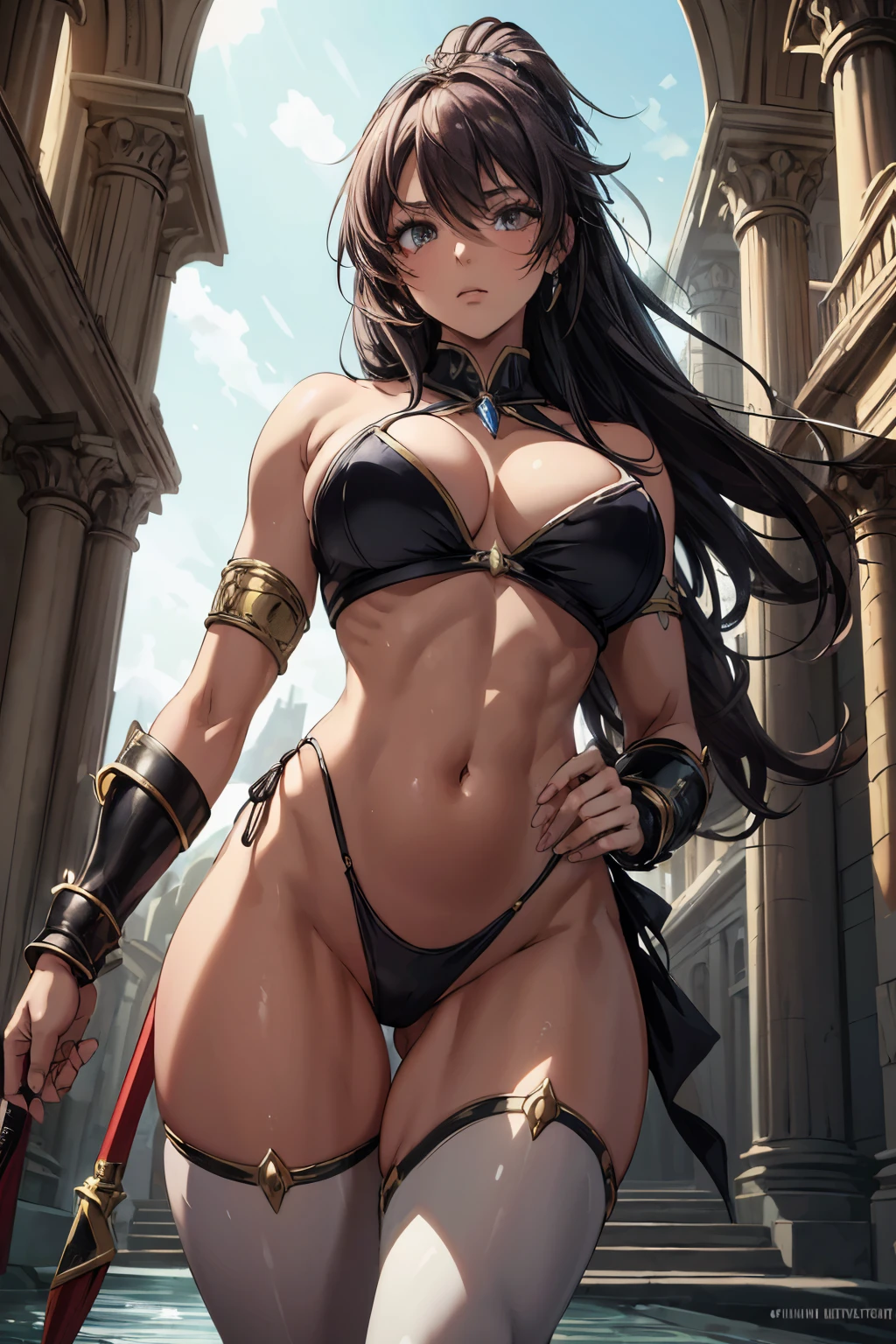 (8K, RAW photo, highest quality, masterpiece: 1.2) A highly detailed and top-quality photograph of a stunning woman in a skimpy warrior outfit. The image showcases a perfect female figure with a smooth and narrow waist, accentuated by the dynamic lighting and sharp focus. Her outfit, a gorgeous red warrior attire, hugs her curves and reveals a visible navel. In her hand, she holds a spear, adding a sense of power and strength to the composition. The background features a majestic castle, adding depth and grandeur to the scene. The lighting highlights every detail, creating an ultra-realistic and immersive experience. This picture is a true work of art, capturing the essence of beauty and strength in a single frame.