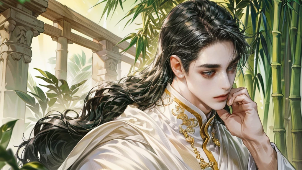 beautiful youth, a bright smile,All green clothing,(absurdres, highres, ultra detailed, HDR), masterpiece, best quality, (1 boy) , boy character ,((Thick ,black, long hair)),beautiful face,detailed interior, detailed character,((man)),(male in bamboo forest), black hair,he smile,1man,the house of ancient China, beautiful 1 man with long black hair and black eyes,((solo man)),long hair,((he has a Big eyes, charming lips, slim nose and small face)),he has a slander shape,(thin body),position,ponytied it with accessories,(Men with small, narrow shoulders),ponytied it with accessories,(one boy),eyes fogus