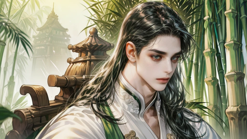 beautiful youth, a bright smile,All green clothing,(absurdres, highres, ultra detailed, HDR), masterpiece, best quality, (1 boy) , boy character ,((Thick ,black, long hair)),beautiful face,detailed interior, detailed character,((man)),(male in bamboo forest), black hair,he smile,1man,the house of ancient China, beautiful 1 man with long black hair and black eyes,((solo man)),long hair,((he has a Big eyes, charming lips, slim nose and small face)),he has a slander shape,(thin body),position,ponytied it with accessories,(Men with small, narrow shoulders),ponytied it with accessories,(one boy),eyes fogus