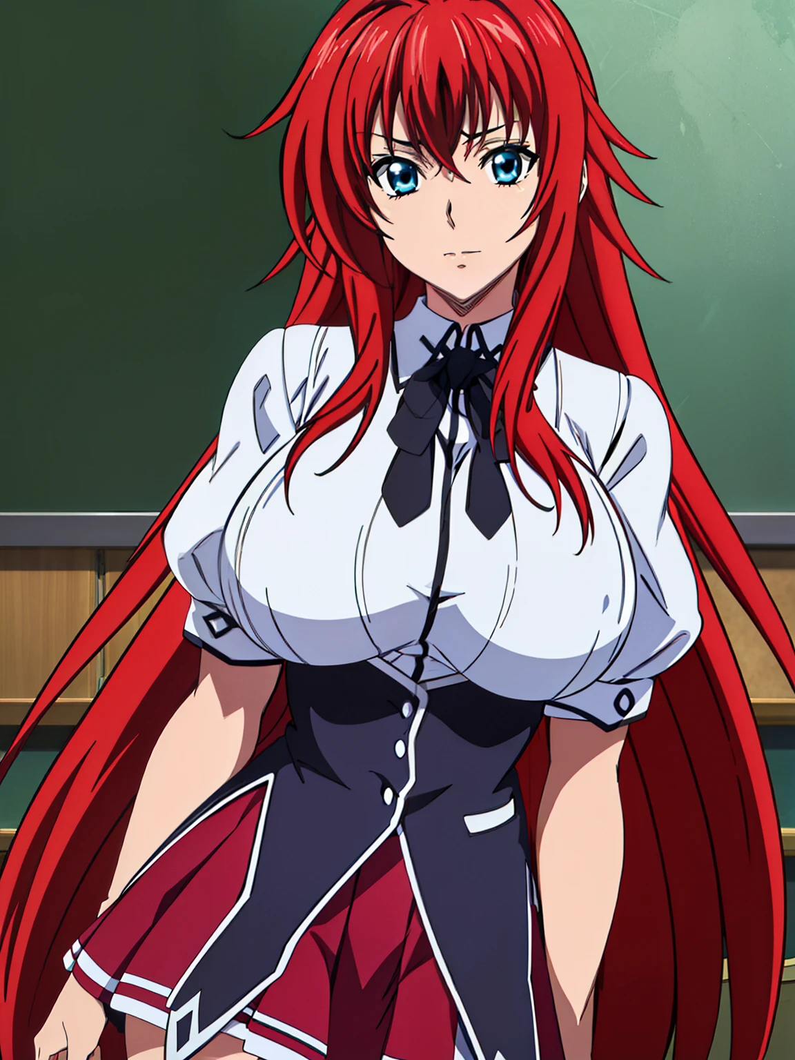 Black cape, Black neckwear, white shirt, short sleeves, red pleated skirt, sailor collar, classroom background, Rias Gremory, anime cels style, best quality, high resolution, 1girl, (huge breasts:1.2), beautiful face, Red hair,Very long hair, Blue EYES, cowboy shot