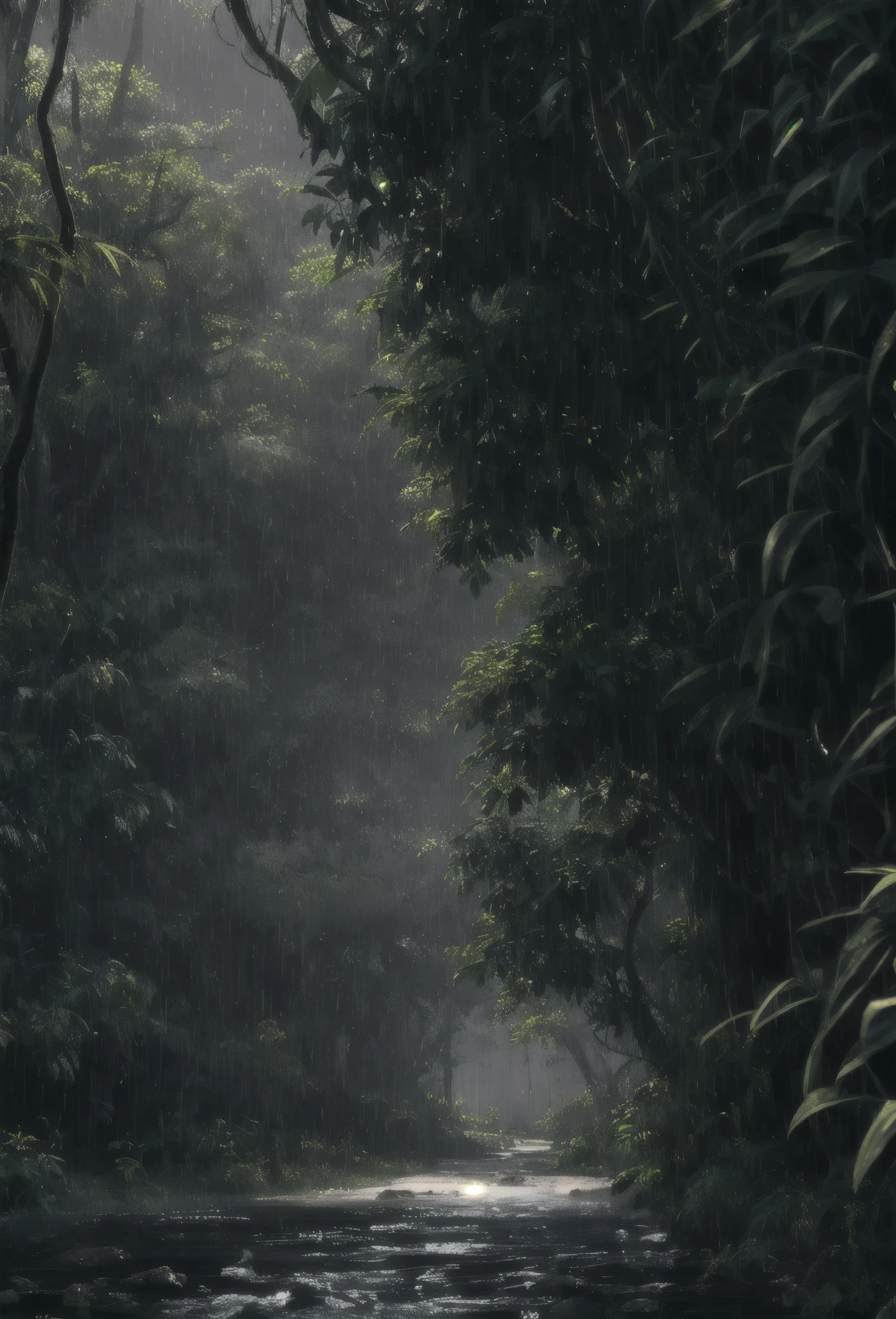 A jungle, with intense rainfall, monochromatic, vines all around, giant and wet trees, masterpiece, best quality, high quality, extremely detailed CG unity 8k wallpaper, oil paiting, award winning photography, Bokeh, Depth of Field, HDR, bloom, Chromatic Aberration ,Photorealistic,extremely detailed, trending on artstation, trending on CGsociety, Intricate, High Detail, dramatic, art by midjourney, volumetric lighting