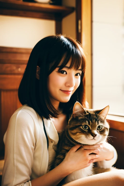 A super beautiful Japanese woman playing with a kitten