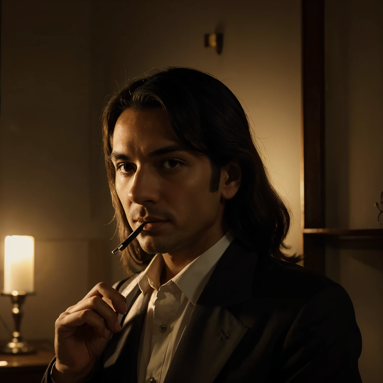 Detective masculino, mirada severa, arte antiguo, illustration, perspectiva de la parte superior del cuerpo fumando de noche 1940 con fondo de Argentina estilo vintage