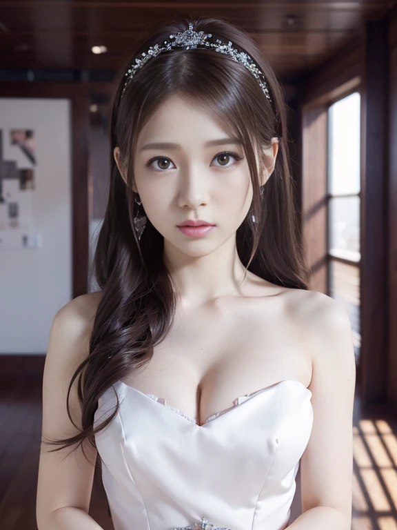 Highly detailed CG Unity 8k wallpaper, top quality, super detailed, masterpiece, realistic, photorealistic, highly detailed cute girl, (25 years old), blush, round eyes, small breasts, viewer, semi-body shot, white wedding dress, cleavage