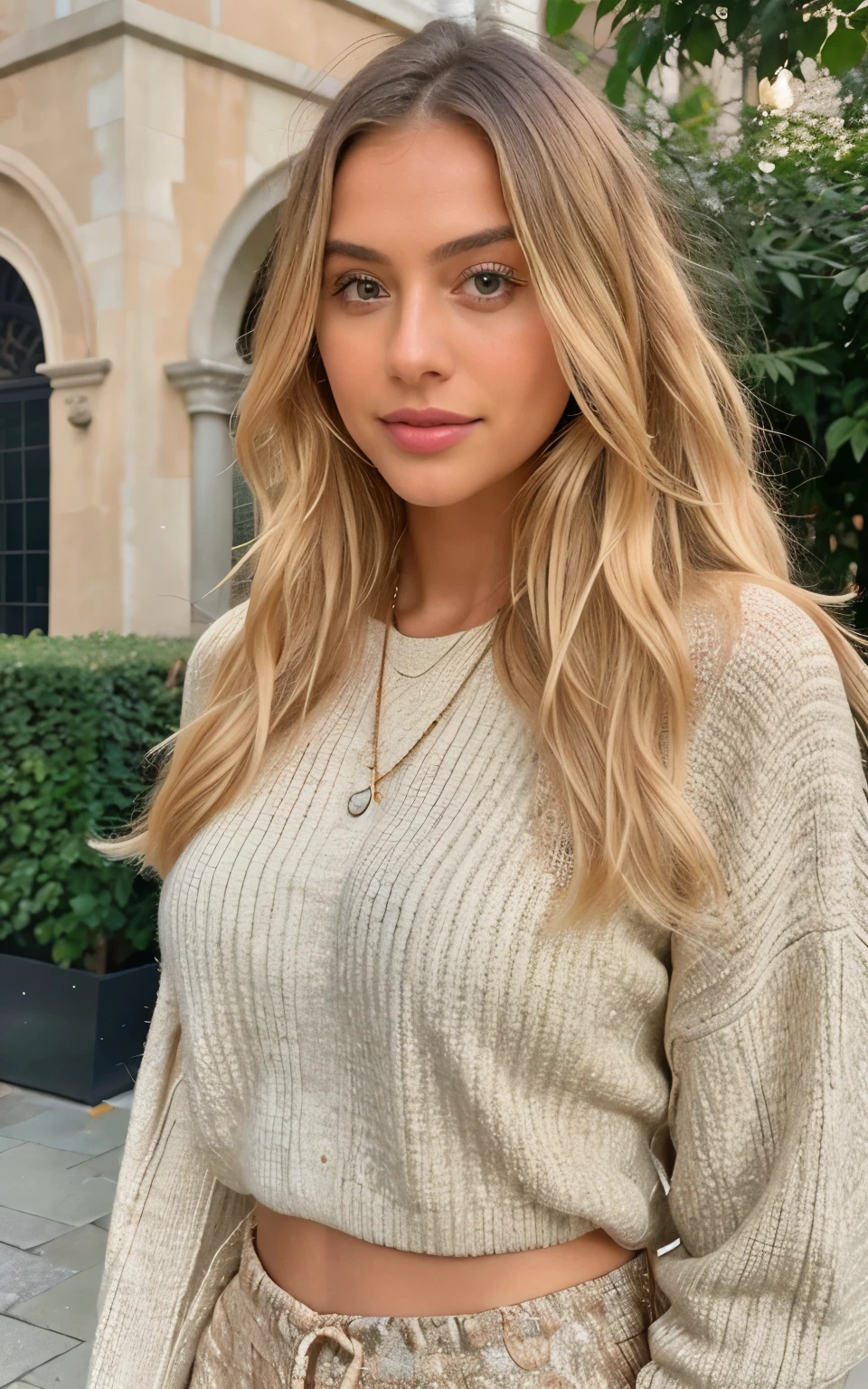 (((instagram-Foto))) Blonde influencer with natural wavy long hair, who is considered a trendsetter in luxury and lifestyle and provides her followers with unique style advice, inspired by exclusive shopping tips and personal experiences, 8k, extremely detailed, Fotorealistisch, komplizierte Details, realistische Hauttextur, realistische Haare, Textur, Cheerful, 8k uhd, Best quality, high resolution, Detailgenauigkeit, big 