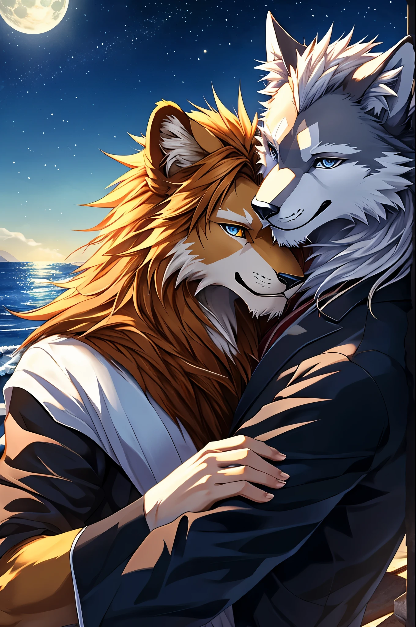 furry, male, anthro, (Realistic eye details:1.2), (beautiful detailed eyes), anime character there is a Two male are having romantic by the sea, The first Lion,completely orange fur, Hair coiled, (Realistic eye detail),Wear a white suit to look neat.,A Wolf with white fur all over., Hair coiled, (Realistic eye detail),Wearing a completely black suit,Both smile and happily.,Send loving to each other,The moonlight is beautiful at night.,perfect anatomy,realistic anatomy, full body like, slim body, good looking, anime style, 8k, 4k anime wallpaper, anime art wallpaper 8 k, 2 d art, 2d art, anime art wallpaper 4k, detail art