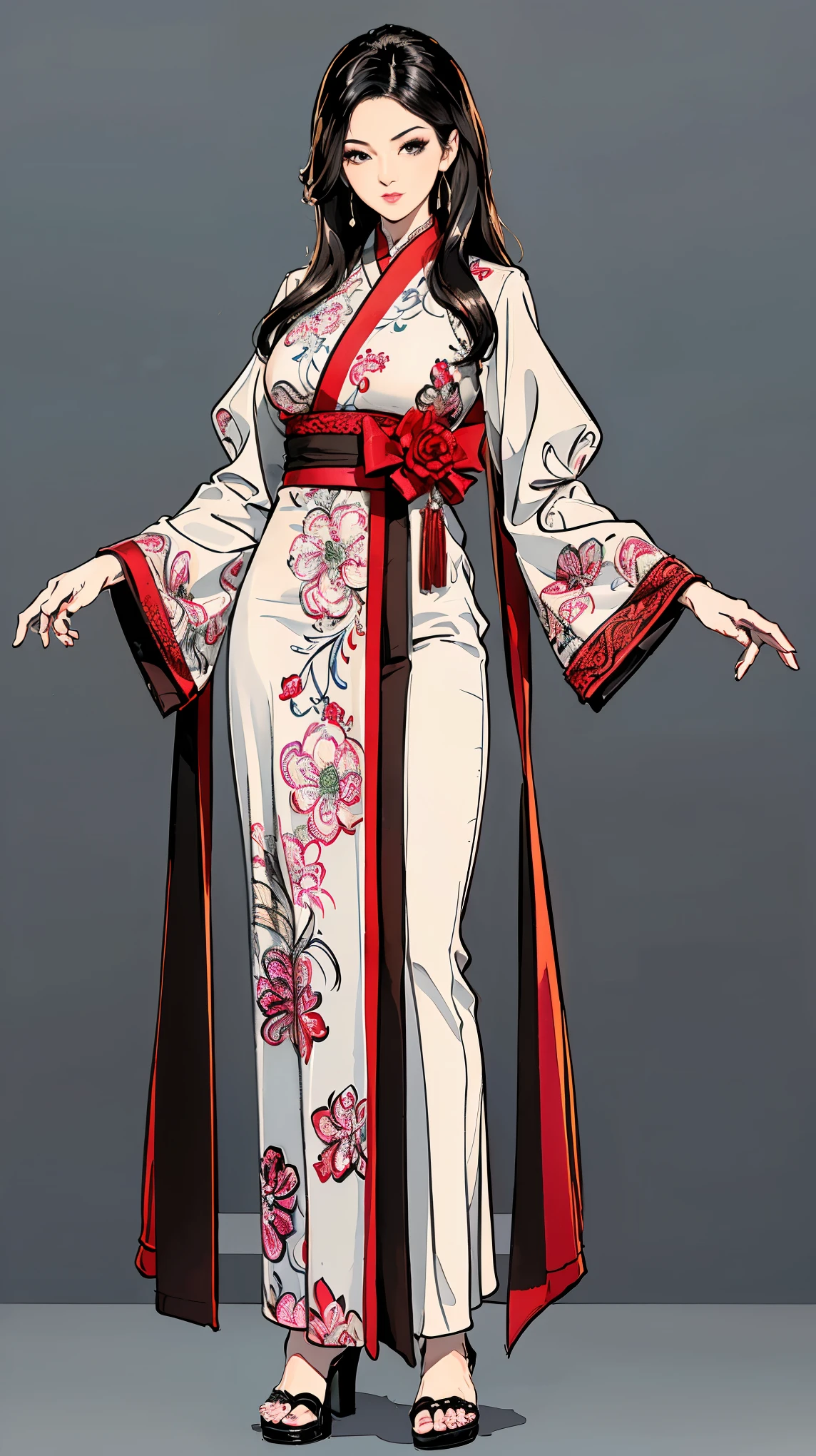 ((masterpiece,best quality,8k,highres)),((character concept art)), 1 female, mature female, Asian, grandmother, milf, sexy, lustful, 40 years old, 160 cm height, (medium length grey hair), black hair, (fair skin colour), ultra finely detailed eyes (brown eyes colour), extraordinary gorgeous, seductive, flirtatious, calm, friendly, perfect body build ((slim, busty)), ((intricate detail)), super finely detailed hands, ultra finely detailed fingers(((ten fingers))), wearing revealing kimono, colored Japanese tattool, Yakuza boss, yakuza tattoo (standing still), (full body showcase), (show full body), (no logos on background), (no logo), ((plain background)), ((plain background)), (((empty background)))