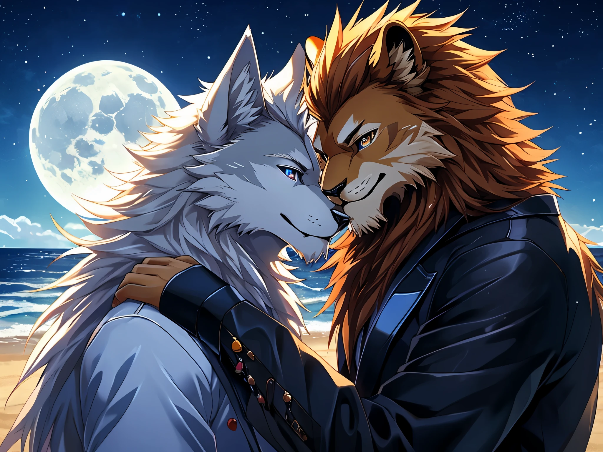 furry, male, anthro, (Realistic eye details:1.2), (beautiful detailed eyes), anime character there is a Two male are having romantic by the sea, The first Lion,completely orange fur, Hair coiled, (Realistic eye detail),Wear a white suit to look neat.,A Wolf with white fur all over., Hair coiled, (Realistic eye detail),Wearing a completely black suit,Both smile and happily.,Send loving to each other,The moonlight is beautiful at night.,perfect anatomy,realistic anatomy, full body like, slim body, good looking, anime style, 8k, 4k anime wallpaper, anime art wallpaper 8 k, 2 d art, 2d art, anime art wallpaper 4k, detail art