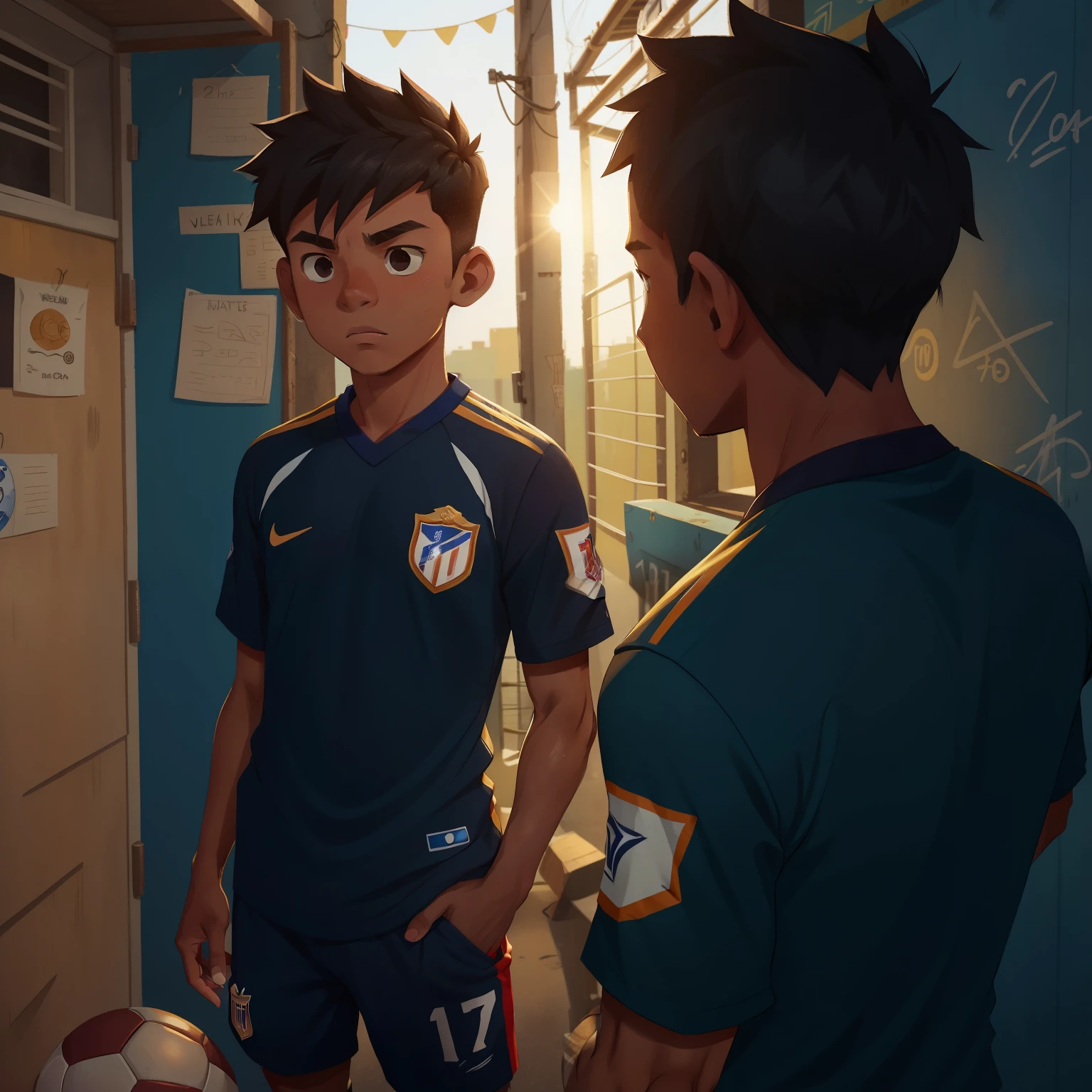 Describe a 16-year-old man with a dark complexion and a height approaching 170 cm, an athletic soccer player, a fit physique, of low income, wearing a soccer team jersey, in a favela.

A realistic portrait of a 16-year-old man, his dark complexion a vibrant contrast against the muted tones of his environment. His height, nearing the 170 cm mark, gives him an air of maturity beyond his years. Lean muscles ripple beneath his skin, marking him as an athletic soccer player. His economic circumstances leave him dressed in the jersey of his beloved team, a worn yet cher