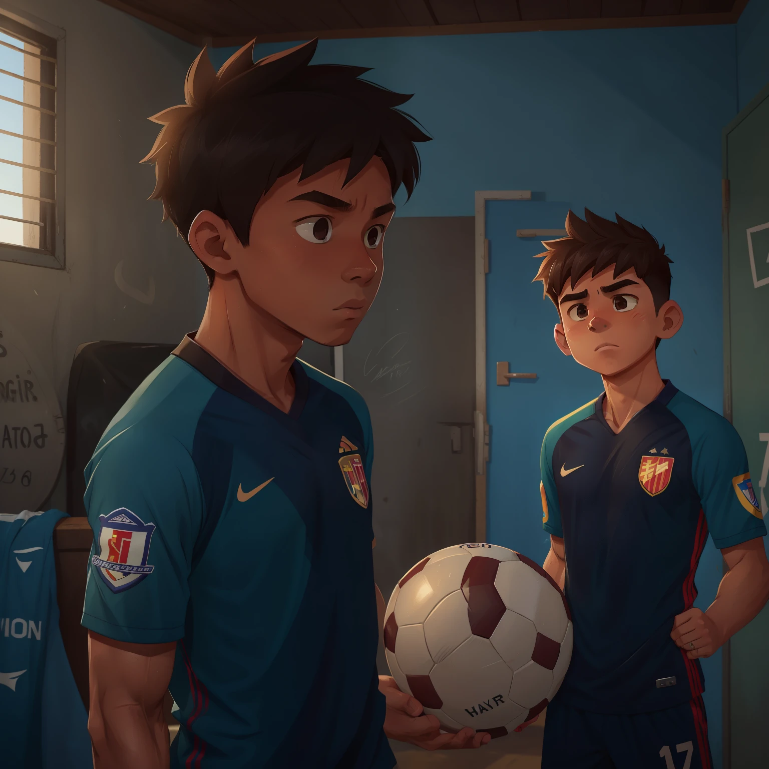 Describe a 16-year-old man with a dark complexion and a height approaching 170 cm, an athletic soccer player, a fit physique, of low income, wearing a soccer team jersey, in a favela.
A realistic portrait of a 16-year-old man, his dark complexion a vibrant contrast against the muted tones of his environment. His height, nearing the 170 cm mark, gives him an air of maturity beyond his years. Lean muscles ripple beneath his skin, marking him as an athletic soccer player. His economic circumstances leave him dressed in the jersey of his beloved team, a worn yet cher