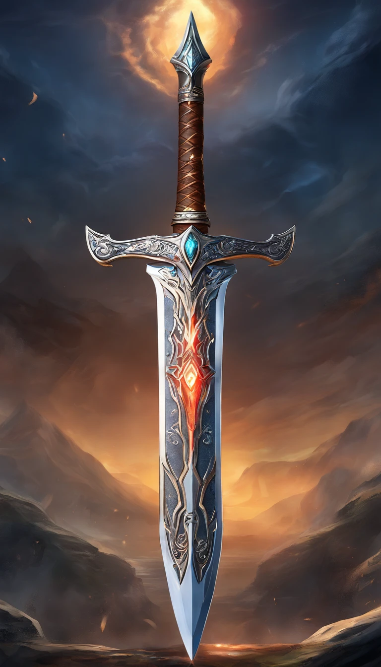 (best quality,4k,8k,highres,masterpiece:1.2),ultra-detailed,realistic,mastersword,legendary weapon,precise craftsmanship,detailed hilt,sharp blade,properly proportioned,beautifully textured,mythical sword,iconic symbol,hero's weapon,forged by the gods,sword of destiny,enchanted blade,glowing blue aura,legendary battles,ultimate power weapon,destined to defeat evil,classic video game weapon,sword of the chosen one,masterful design,intricate engravings,powerful artifact,epic hero's journey,impeccable quality craftsmanship,striking and elegant,centerpiece of the artwork,shimmering with divine energy,sharp enough to cut through anything,radiating strength and power,fit for a true hero,artistic homage to the game,signature weapon of the hero,pristine metalwork,exquisite attention to detail,colorful gems embedded in the hilt,legendary legacy,unbreakable and indestructible:focus on the blade's reflections and highlights,create an atmosphere of reverence and awe,showcase the iconic sword in a dynamic pose and perspective,bring out the mythical essence and power of the Mastersword.