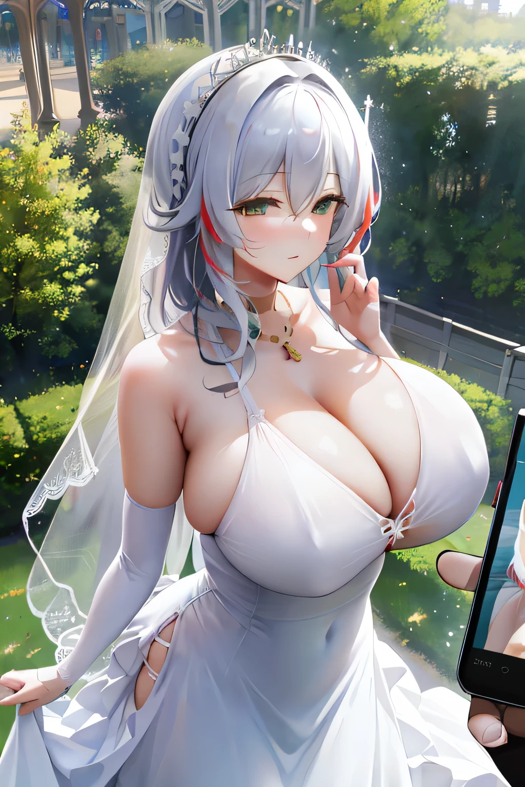 from above,leaning forward,('Best quality, Masterpiece, 8K,A picture_comparing,huge tit,(A MILF:1),long white hair,telephone,cellular phone,smartphone,Handheld,pic',),wedding dress,amusement_park,in the evening