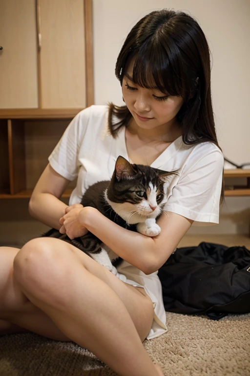 A super beautiful Japanese woman playing with a kitten