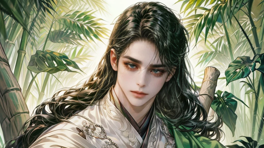 beautiful youth, a bright smile,All green clothing,(absurdres, highres, ultra detailed, HDR), masterpiece, best quality, (1 boy) , boy character ,((Thick ,black, long hair)),beautiful face,detailed interior, detailed character,((man)),(male in bamboo forest), black hair,he smile,1man,the house of ancient China, beautiful 1 man with long black hair and black eyes,((solo man)),long hair,((he has a Big eyes, charming lips, slim nose and small face)),he has a slander shape,(thin body),position,ponytied it with accessories,(Men with small, narrow shoulders),ponytied it with accessories,(one boy),eyes fogus,green Hanfu,Hanfu boy