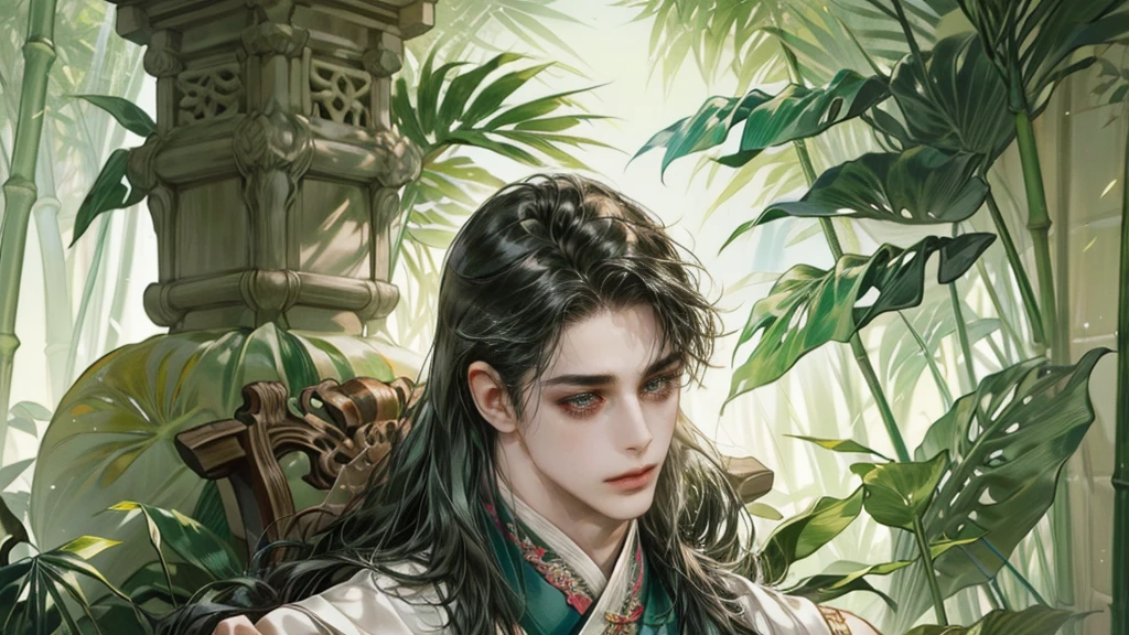  beautiful youth, a bright smile,All green clothing,(absurdres, highres, ultra detailed, HDR), masterpiece, best quality, (1 boy) , boy character ,((Thick ,black, long hair)),beautiful face,detailed interior, detailed character,((man)),(male in bamboo forest), black hair,he smile,1man,the house of ancient China, beautiful 1 man with long black hair and black eyes,((solo man)),long hair,((he has a Big eyes, charming lips, slim nose and small face)),he has a slander shape,(thin body),position,ponytied it with accessories,(Men with small, narrow shoulders),ponytied it with accessories,(one boy),eyes fogus,green Hanfu,Hanfu boy