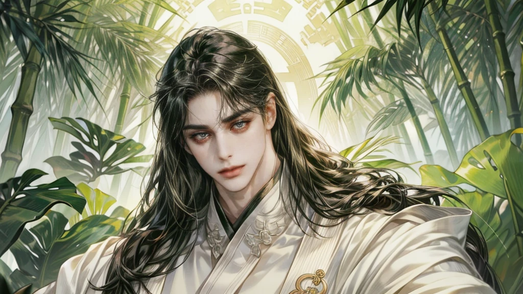 beautiful youth, a bright smile,All green clothing,(absurdres, highres, ultra detailed, HDR), masterpiece, best quality, (1 boy) , boy character ,((Thick ,black, long hair)),beautiful face,detailed interior, detailed character,((man)),(male in bamboo forest), black hair,he smile,1man,the house of ancient China, beautiful 1 man with long black hair and black eyes,((solo man)),long hair,((he has a Big eyes, charming lips, slim nose and small face)),he has a slander shape,(thin body),position,ponytied it with accessories,(Men with small, narrow shoulders),ponytied it with accessories,(one boy),eyes fogus,green Hanfu,Hanfu boy
