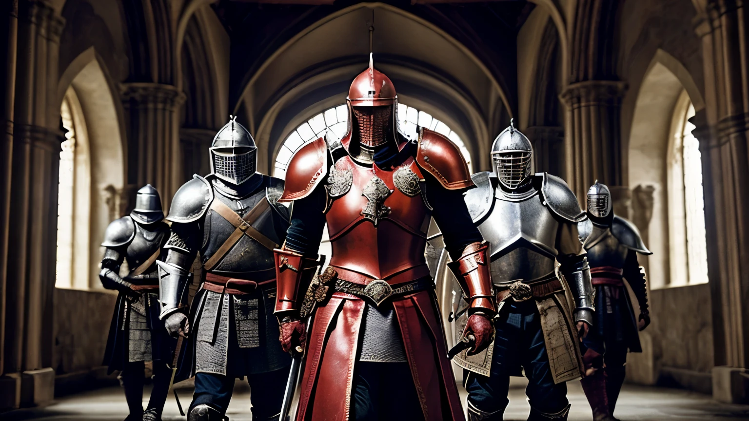 A man and his friends in red armor stands in the hall with a sword, full portrait of magical knight, ares with heavy armor and sword, Fantasy warrior in full red armor, paladin crimson armor, arsen lupin as a paladin, Amazing 8K character concept art, for honor charector concept art, knight armored in red, Epic Paladin armor, holy crusader medieval knight