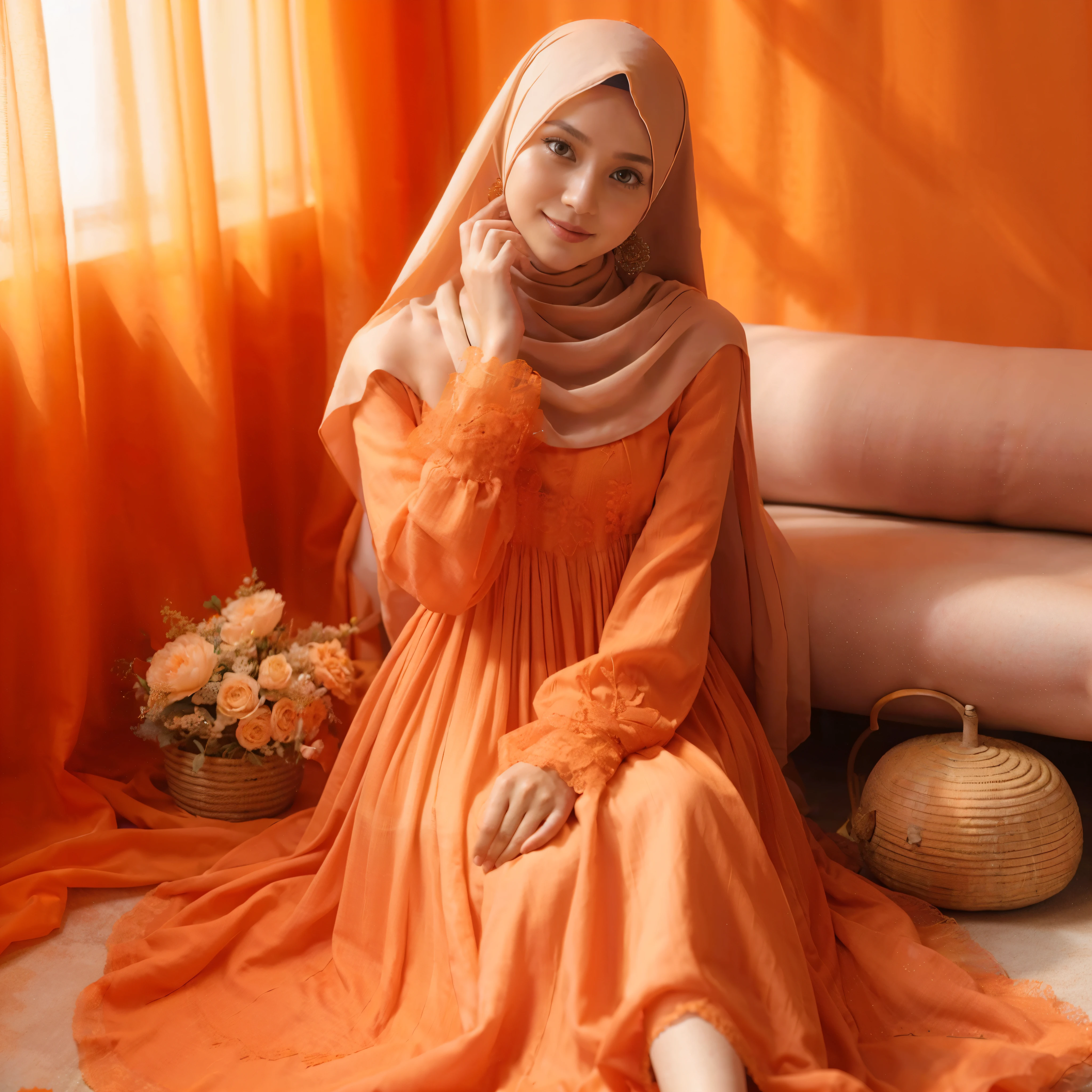 there is a woman sitting on the floor wearing a long dress, orange color tone, orange color, orange pastel colors, orange hue, detailed picture, pale orange colors, modest flowing gown, orange robe, orange tones, vibrant orange, dark orange, (light orange mist), orange colors, orange color scheme, gray and orange colours, hijab