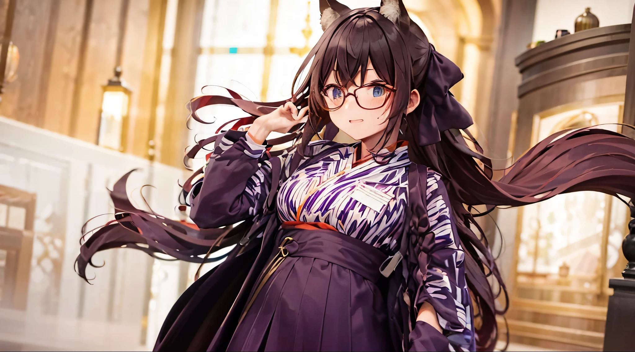 masterpiece、highest quality、1girl , solo , huge breasts、deep cleavage、light green hair、ponytail、fox ears、brightly colored eyes、blue eyes、black glasses、green kimono、light purple long hakama、brown leather jacket、leather boots、flashy necklace、charm、Wet、face turns red, very sweaty, dynamic pose、standing、City of night