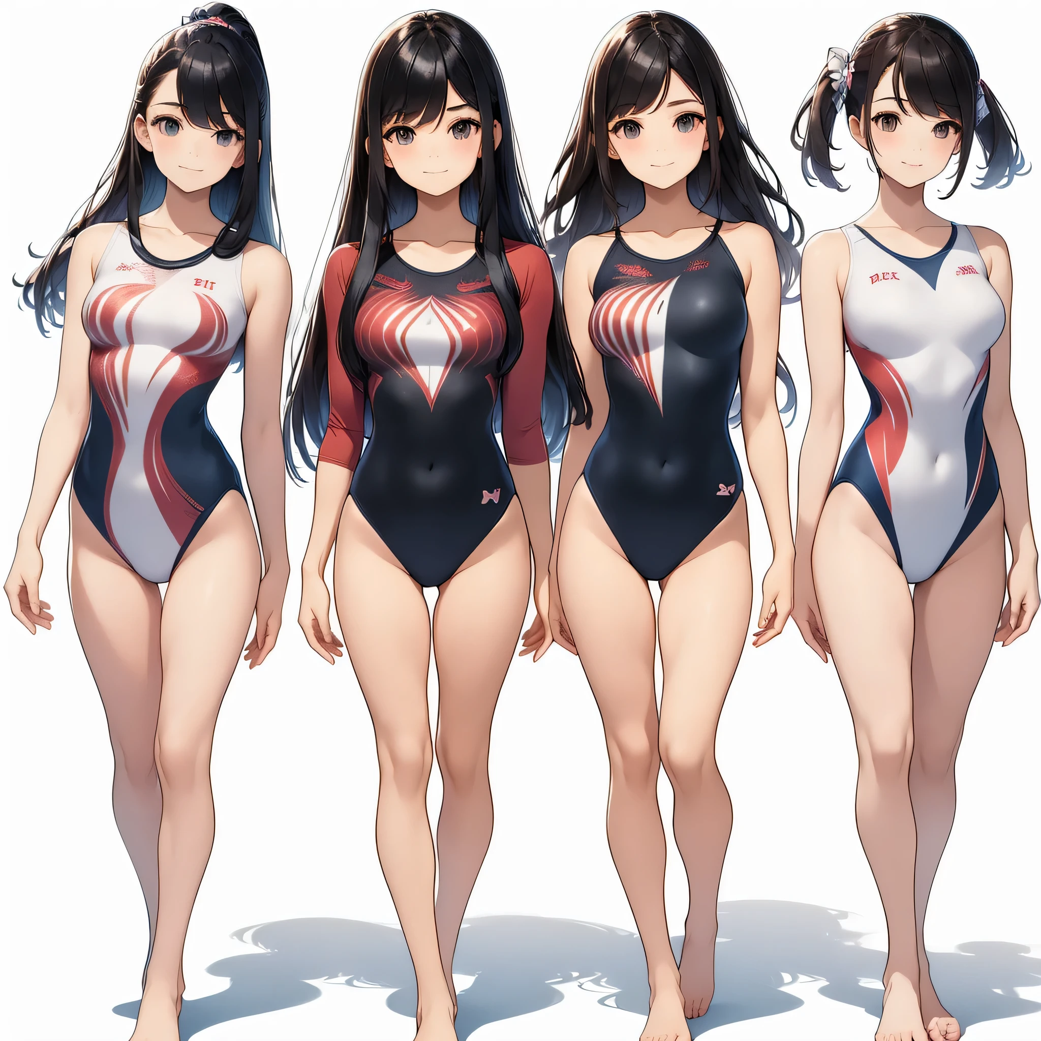 ((full body)),(masterpiece, best quality), (2 girls1.5) ,((Contrapposto:1.5)), looking at viewer, walking,((v_arms:1.2)), (wearing gymnastics_longsleeves_leotard_outfit leotard:1.3),(red leotard) ,(wave print:1.3),{{wearing gym suit:1.3 }}, BREAK masterpiece black hair, ((long hair:1.2)), ((parted bangs:1.3)), black eyes, good hand, ((small breasts)), (over 20 years old, under 25 years old:1.2), , spotlight, happy, smile, BREAK in the class room