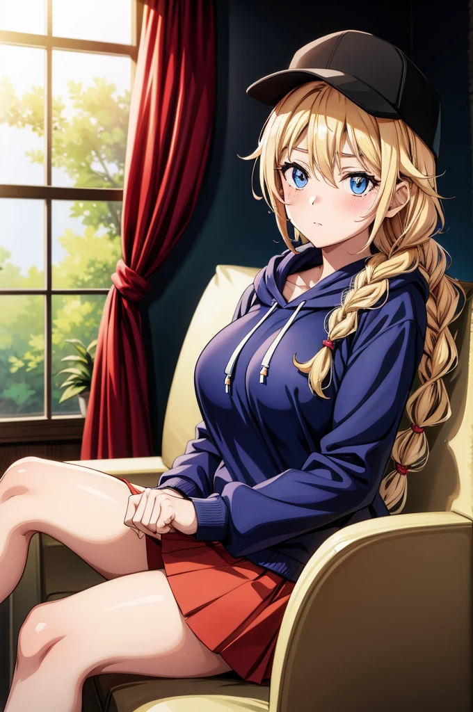 a anime style woman with a large rack sitting on a couch in a cartoonish pose, 1girl, solo, hat, blue eyes, blonde hair, long hair, braid, breasts, hood, sitting, blush, skirt, twin braids, hoodie, looking at viewer, indoors, closed mouth, baseball cap, couch, red headwear, large breasts, long sleeves, hair between eyes, bangs