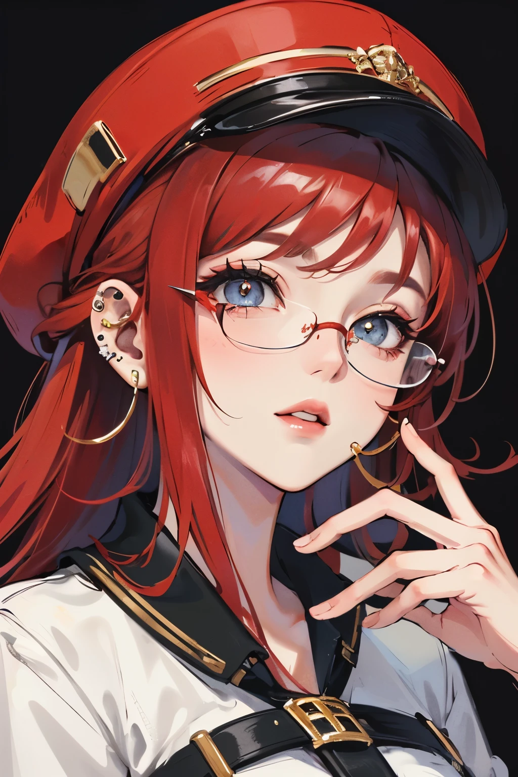 ((Best quality)), ((masterpiece)), (detailed), perfect face, ((Red hair)), full length, in a cap, spectacled, with piercings,
