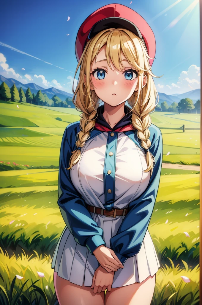 a girl with blonde hair and a braided bun standing in a field of green grass, 1girl, breasts, braid, solo, long hair, blonde hair, blue eyes, hat, twin braids, large breasts, blush, looking at viewer, hood, cowboy shot, red headwear, petals, baseball cap, long sleeves