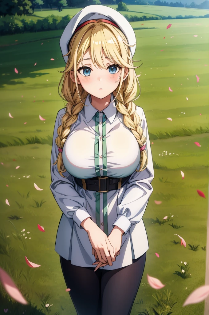 a girl with blonde hair and a braided bun standing in a field of green grass, 1girl, breasts, braid, solo, long hair, blonde hair, blue eyes, hat, twin braids, large breasts, blush, looking at viewer, hood, cowboy shot, red headwear, petals, baseball cap, long sleeves