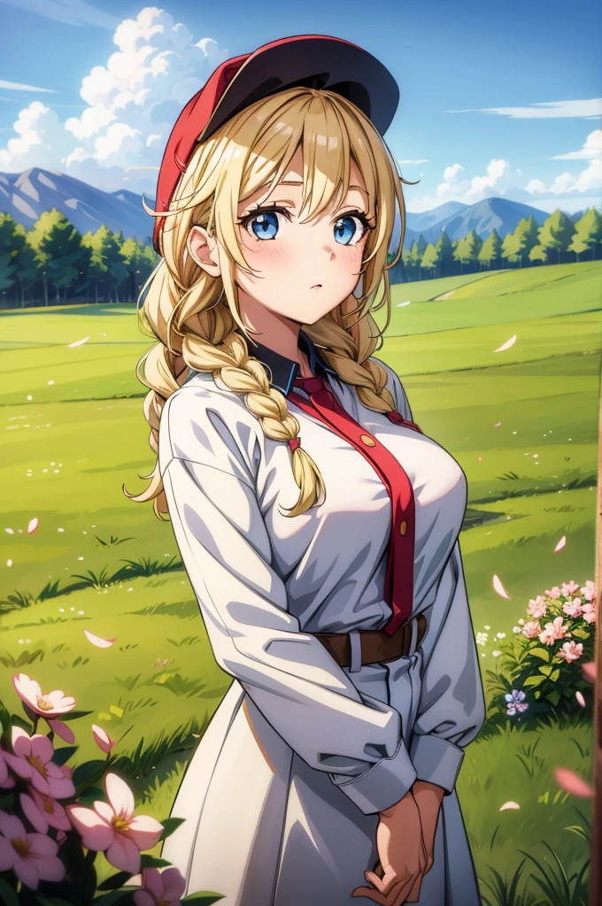 a girl with blonde hair and a braided bun standing in a field of green grass, 1girl, breasts, braid, solo, long hair, blonde hair, blue eyes, hat, twin braids, large breasts, blush, looking at viewer, hood, cowboy shot, red headwear, petals, baseball cap, long sleeves