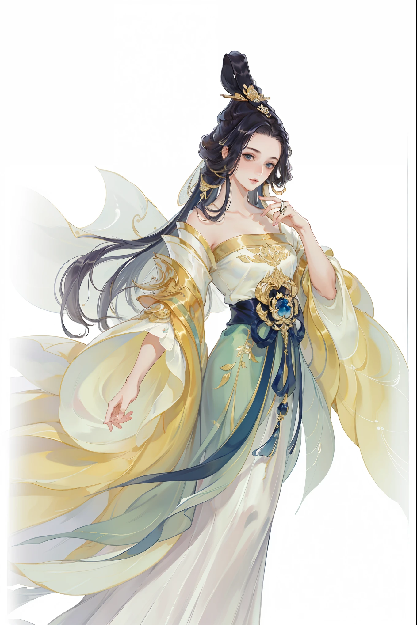 (((masterpiece, best quality, ultra high resolution, Cg unified 8k wallpaper, best quality at best, Super detailed, Ultra HD quality))), 1 girl, Half body，long black hair, game fairy, gold的衣服, hanfu, yarn, 流动的yarn布, jewelry, gold, Good face shape, beautiful eyes, beautiful hairstyle, beautiful clothes, Reasonable structure