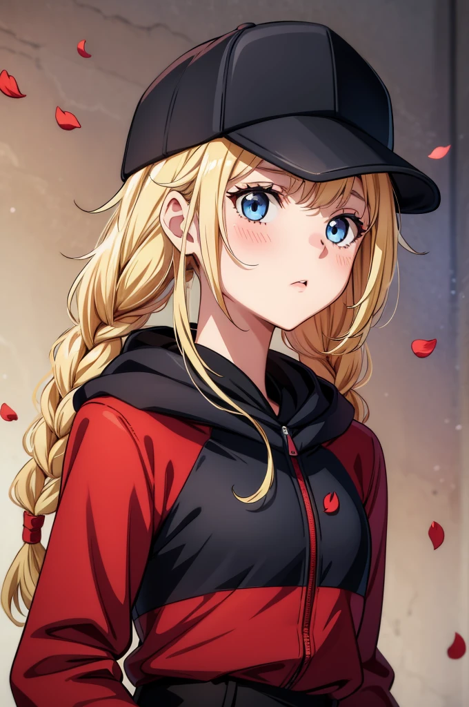 the girl with blonde hair with a red top and black jacket is staring at the camera, 1girl, solo, braid, blonde hair, hat, blue eyes, baseball cap, long hair, upper body, petals, blush, breasts, hood, looking at viewer, jacket, black headwear, bangs