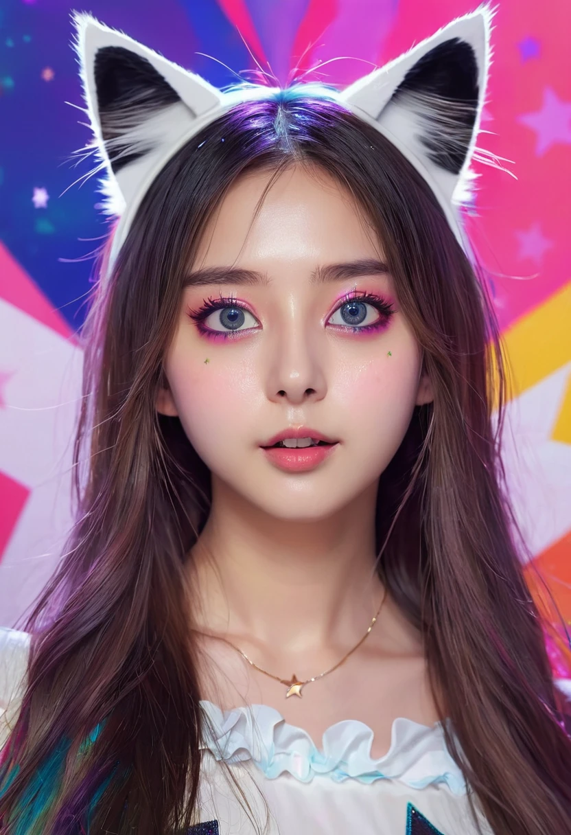 (masterpiece, best quality), ((1 girl, (adult) long hair), (star shaped pupils, +_+, Symbol shaped pupils, Bright Eyes), (cat ears, open mouth)), (looking at the audience, faint smile, Off the shoulders), (Abstract, colorful background, Abstract background, Color difference),