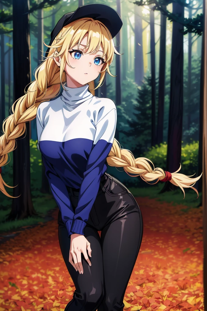 vibrant colors, female, masterpiece, sharp focus, best quality, depth of field, cinematic lighting, blue eyes, sweater, long sleeves, turtleneck, black pants, autumn forest background, Eiko Tsukimi, blue eyes, braid, twin braid,blonde hair,baseball cap