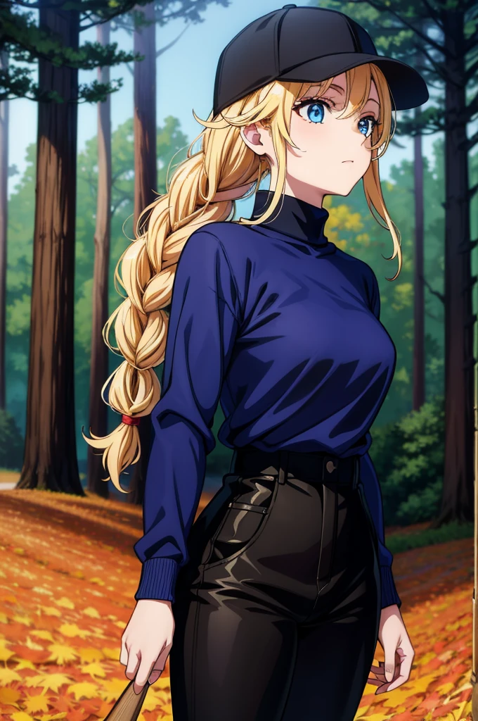 vibrant colors, female, masterpiece, sharp focus, best quality, depth of field, cinematic lighting, blue eyes, sweater, long sleeves, turtleneck, black pants, autumn forest background, Eiko Tsukimi, blue eyes, braid, twin braid,blonde hair,baseball cap