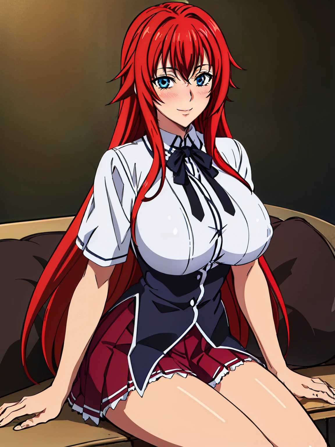 sitting, Black cape, Black neckwear, white shirt, short sleeves, red pleated skirt, sailor coll, luxury livingroom background, Rias Gremory, anime cels style, best quality, high resolution, 1girl, (huge breasts:1.2), beautiful face, Red hair,Very long hair, Blue EYES, cowboy shot, smiling, blush