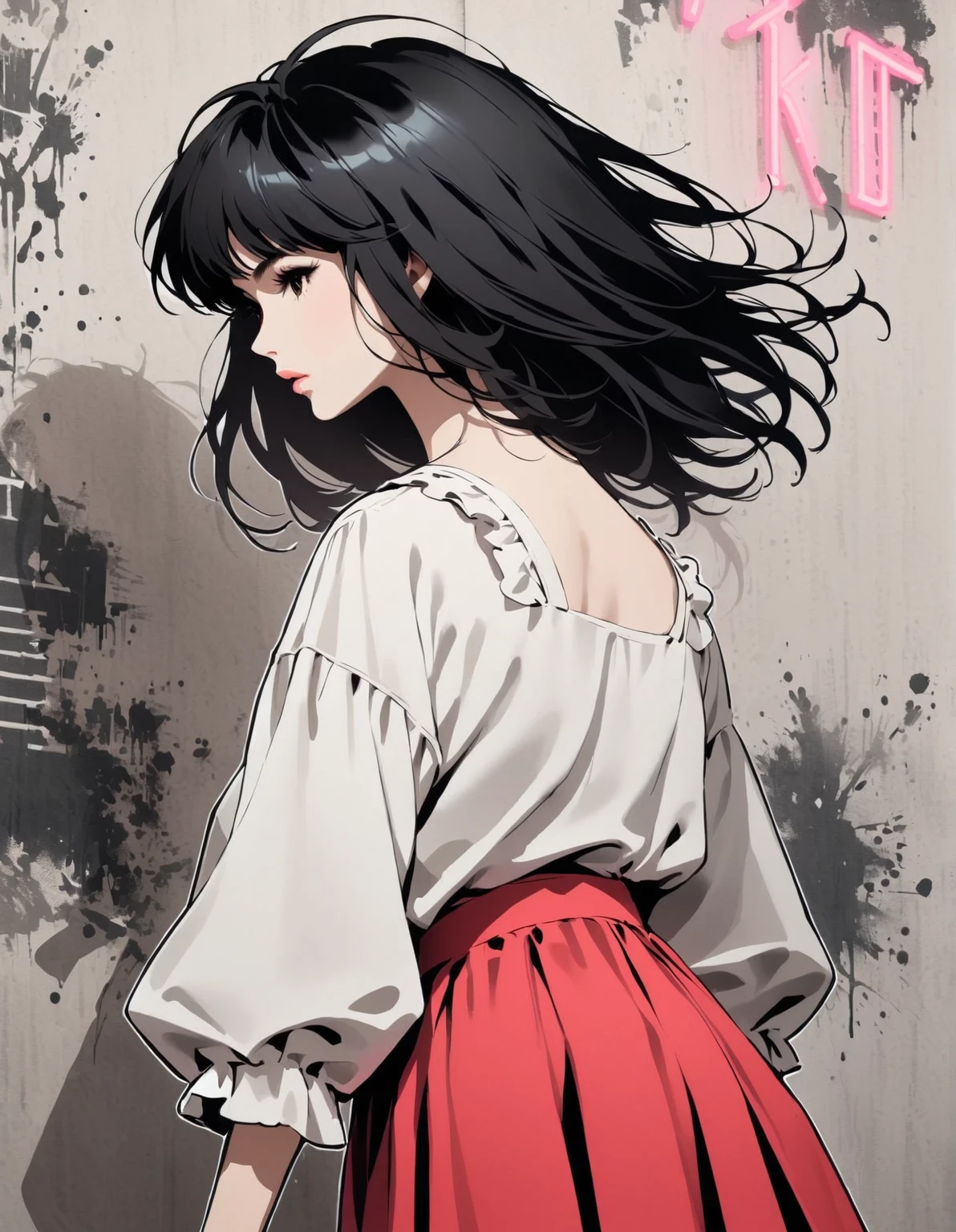 in style of Garry Trudeau, character, ink art, side view ,(better quality, outline:1.2),realist,illustration,(Long hair girl close-up), delicate lips, red skirt, (Newspaper wall background:1.3),neon hair, Retro Style, (black bob hair:1.75 neon lights:1.32), , dark shadow