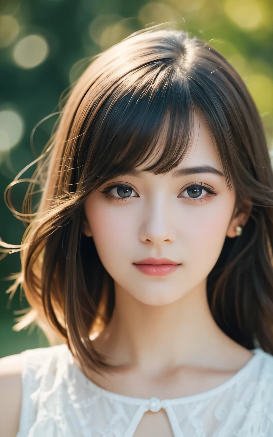 masterpiece, best quality, 8K, 1 girl, 1920s, Keep your mouth shut, small smile, close up, 脸部close up, alone, Lovely, Full of girly feeling, exquisite girl, Clean beauty, original photo, Professional photography, portrait, soft light, professional lighting, Backlighting, look away, Look away, complicated, film grain, (Eyes and facial details:1.0), Short flowing long hair, Beautiful flowing hair,