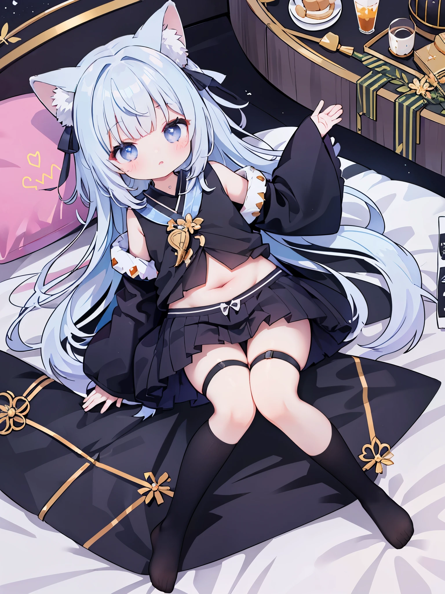 ((highest quality, 8K, masterpiece,high resolution、High resolution、Sharp focus、highest quality)),(1 girl, dark skin,white hair, yellow eyes, cat ears,  girl),medium breasts,slim body,Shiny skin、Moisturized Skin、having convulsions, sweat,lying on the bed, missionary, bored, view from above,