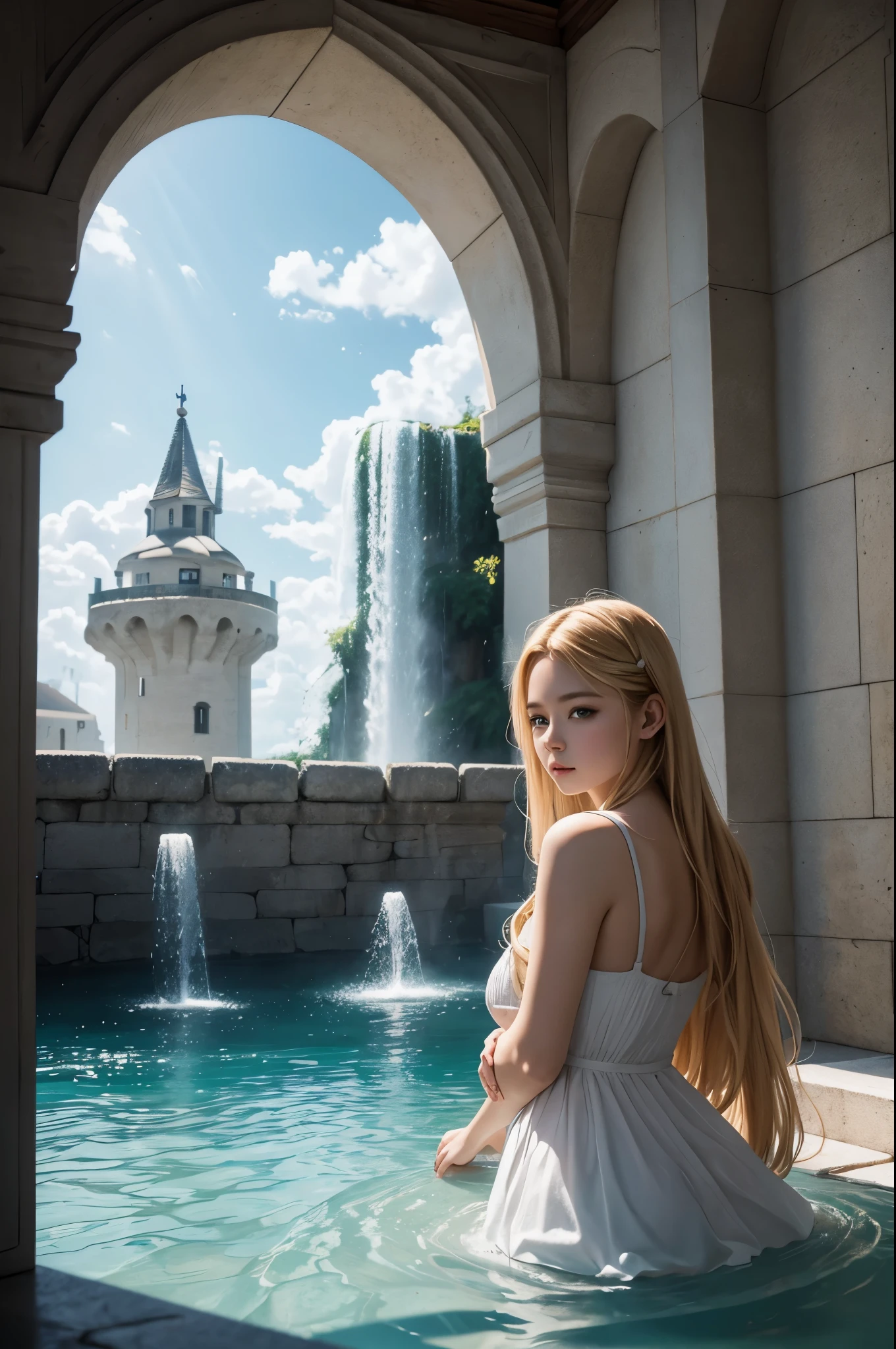8K,white wallとオレンジ色の屋根で統一された港町,Landscapes of medieval Europe,A large square and fountain in the center of town,masterpiece,Photorealistic RAW photos of the highest quality。bright colors,rich colors, Backlight, cinematic lighting, film grain, to be born, 50MM lens, Nikon D850,fantasy art,ultra high resolution,white wall,Homer,beautiful sea,beautiful expression,people coming and going々,