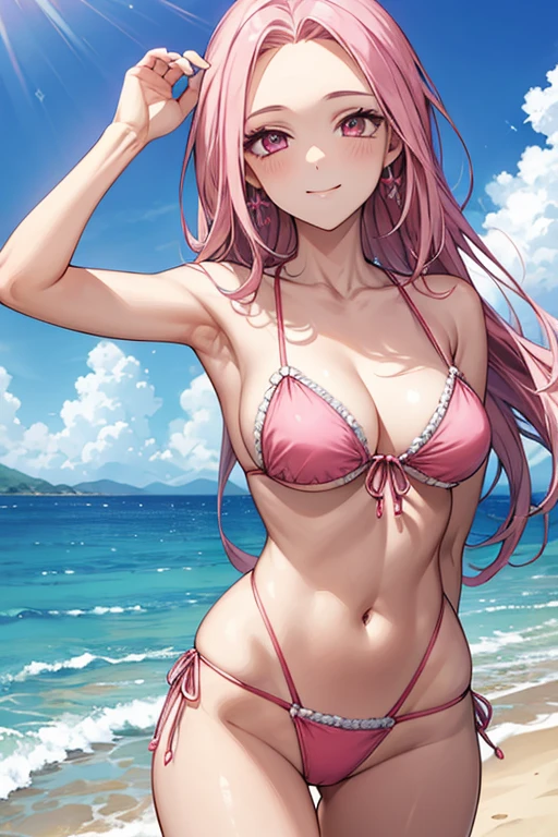 Masterpiece, highest quality, beautiful background, (sea,sky), gravure idol, sexy pose, string bikini, pink hair, pink eyes, the most beautiful woman in the world, the best style, sparkling eyes, detailed eyes, beautiful face,A bursting smile,Forehead exposed