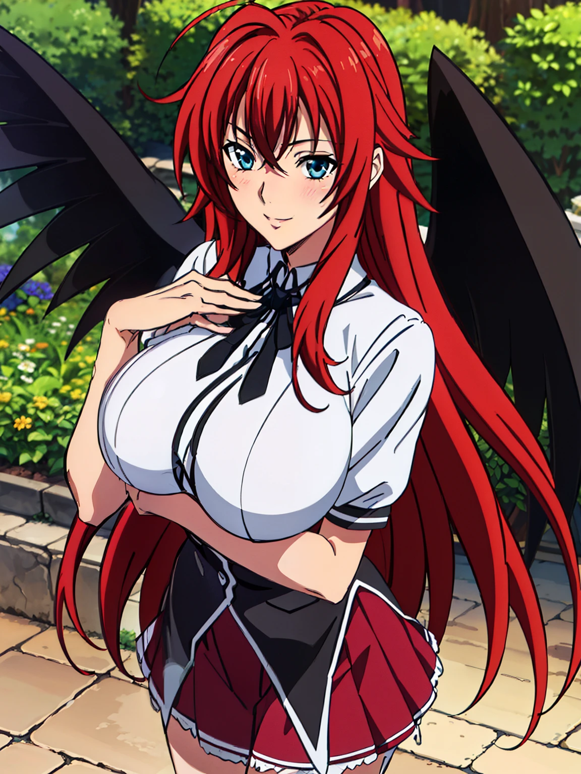 very tempting pose, Black cape, Black neckwear, white shirt, short sleeves, red pleated skirt, sailor coll, garden background, Rias Gremory, anime cels style, best quality, high resolution, 1girl, (huge breasts:1.2), beautiful face, Red hair,Very long hair, Blue EYES, cowboy shot, smiling, blush