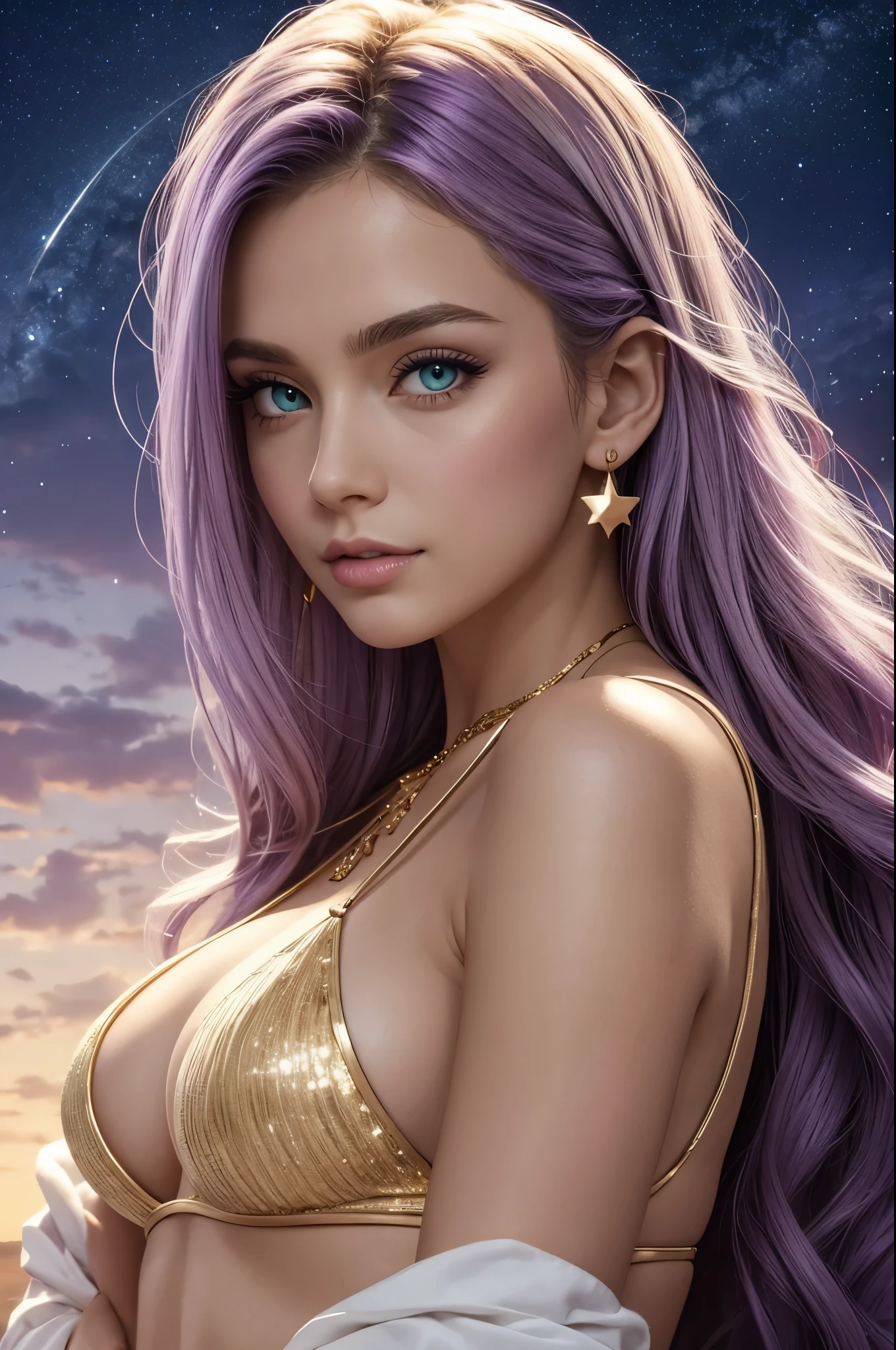 one American girl, realistic green eyes, long light purple lilac hair, large tits, large chest, cleavage, draped in white fabric with gold accessories, gold jewelry, high cheekbones, close up, masterpiece, best quality, soft stars in purple sky background, forward pov, looking at viewer from behind over the shoulder, plump lips, oriented to the left, empty purple sky with soft stars to the right with bright full moon, zoomed out