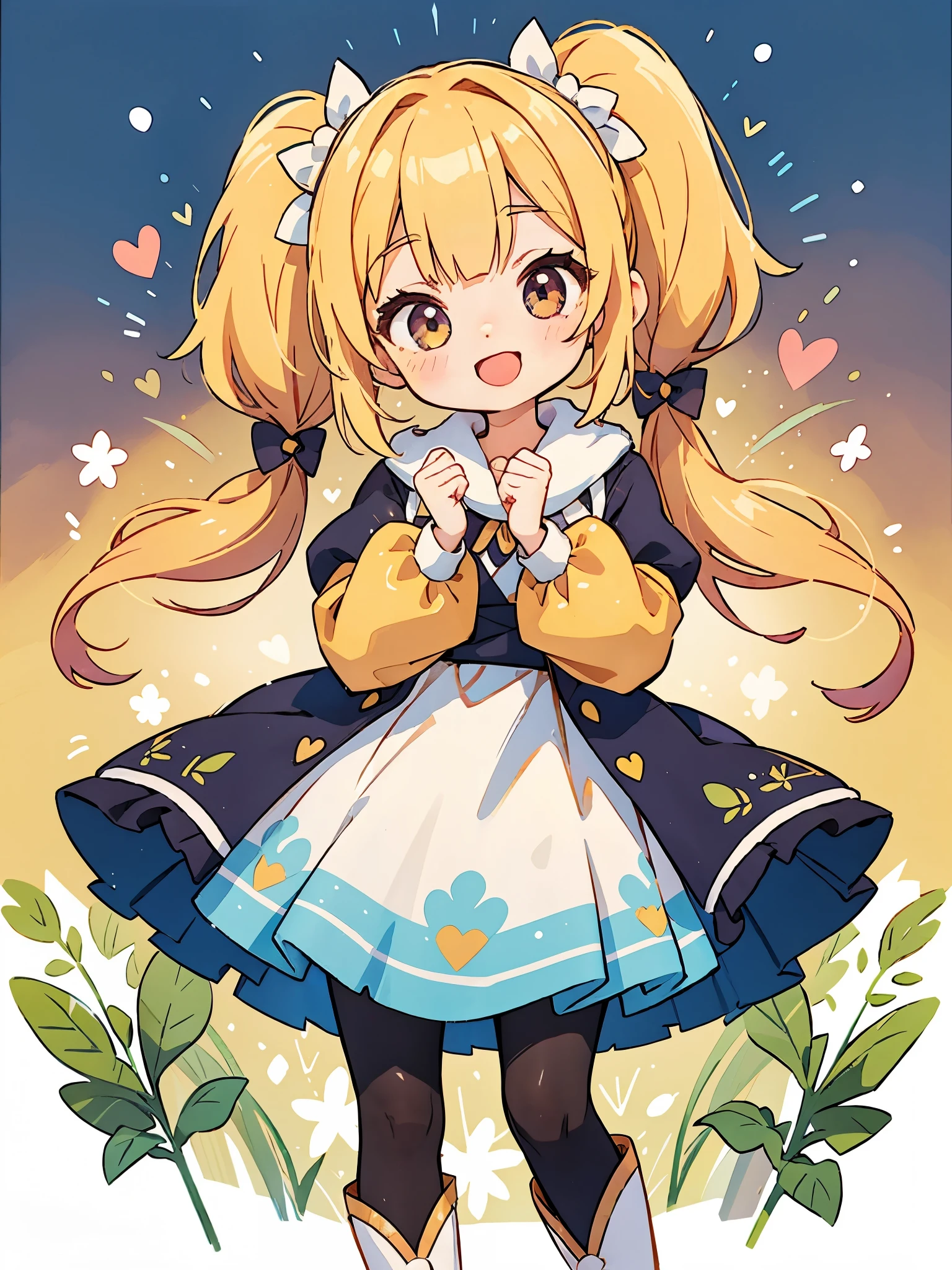 stand in front of the photo、1 girl,full body,short bob, But long pigtails, golden hair,Knee-high boots,Open mouth and big smile、cute pose、flowing iridescent silk、wearing colored tights、close up of face、eye up、heart pattern colored contact lenses、floral dress、There are flowers in front of me、snow scene、season!!: winter☀ 🍂