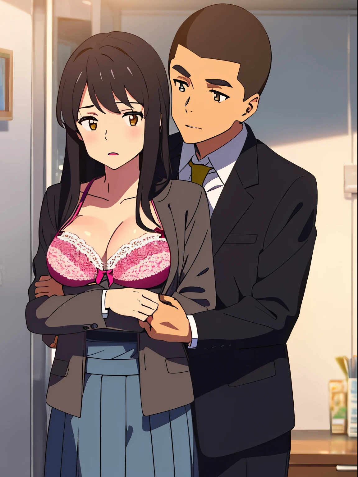 shinkai makoto, kimi no na wa., 1boy, buzzcut,office suit, boy caressing girl's body, kiss cheeks, passionate hug, boy is hugging from behind, breast groping from behind, 1girl, bangs, black hair, open mouth, brown eyes, Twisted Half Up, red ribbon, long hair, yellow blouse, open shirt, unbuttoned shirt, pink bra, cleavage, breast, medium breast, long gray skirt, storage room, indoors, masterpiece, perfect anatomy, cowboyshot